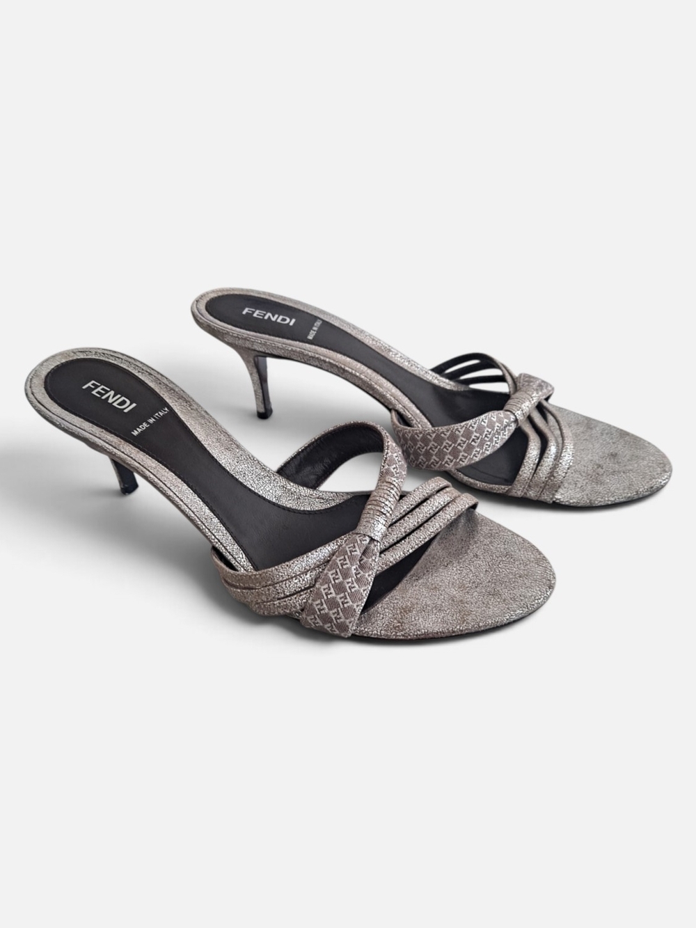 Fendi Metallic Silver Strappy Kitten Heel Mules. Size 40
